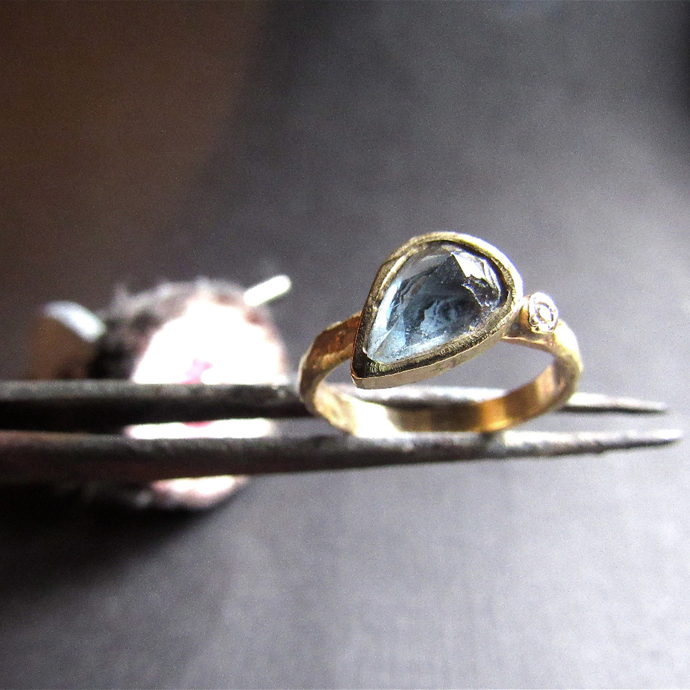 14K Yellow Gold Tourmaline Engagement Ring, Handmade Diamond Accent